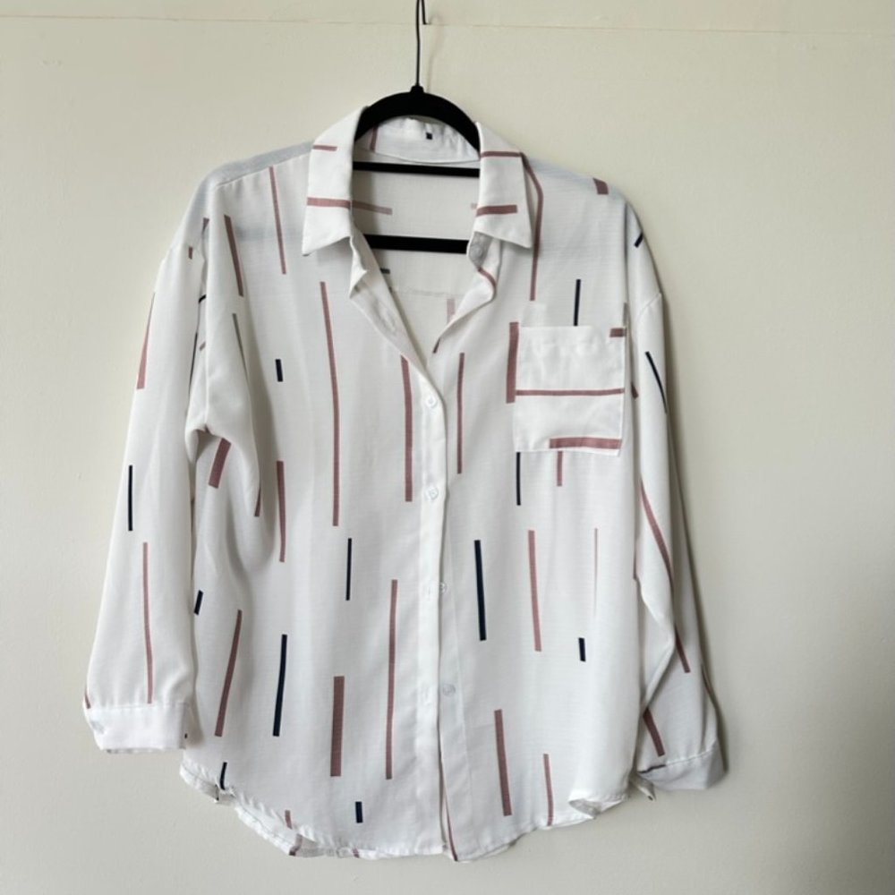 [SOLD] Modern White Blouse Pink and Navy Abstract Design